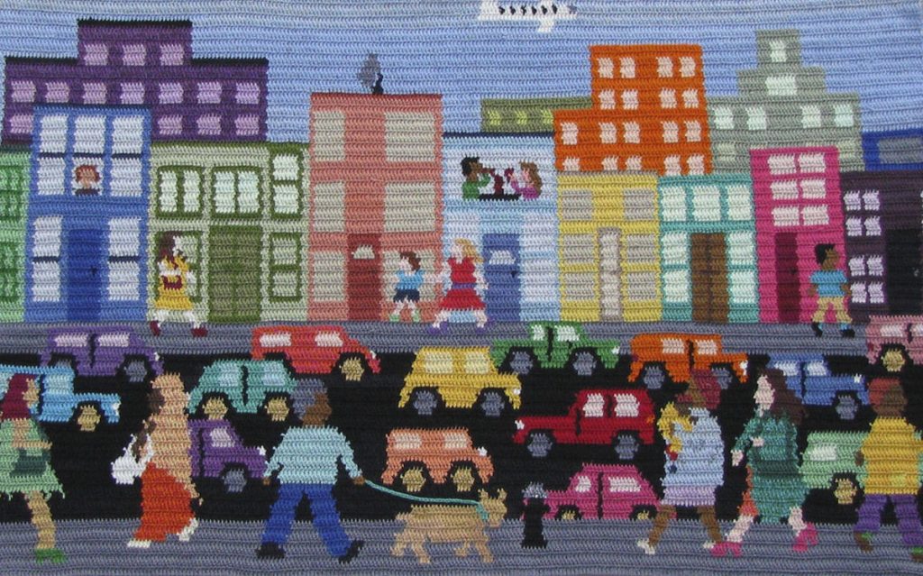 Saundra Goodman • <em>On Any Day in the City</em> • Hand crochet using cotton threads • $2,500.00