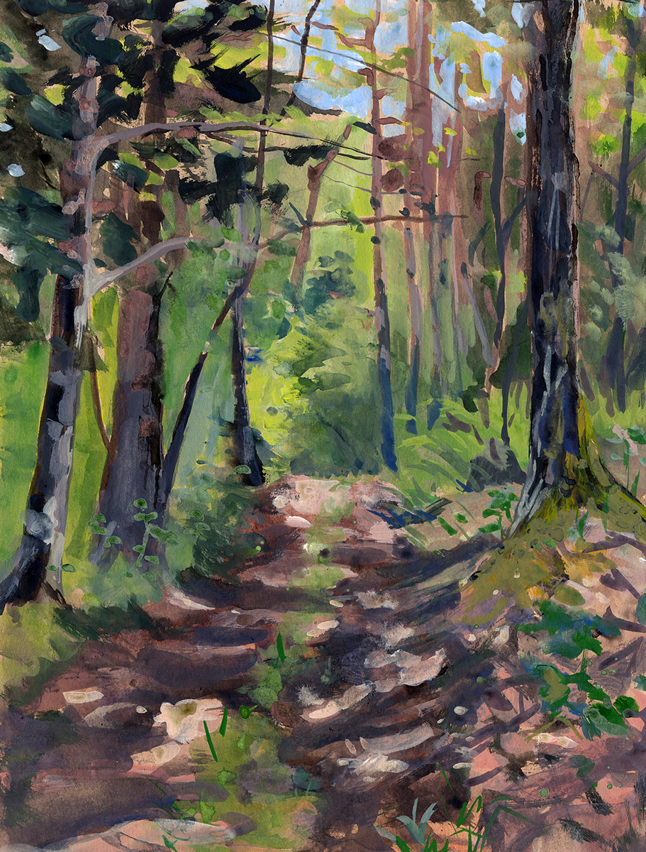 Jennifer Gibson • <em>A Walk in the Woods</em> • Gouache on toned paper • 9″×12″ • $225.00