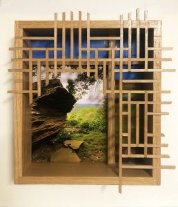 Eva M. Capobianco • <em>FLT – Map 30, Boulder with Lattice</em> • Photo, stained glass and re-used wood • 15″×17″×3½″ • $525.00