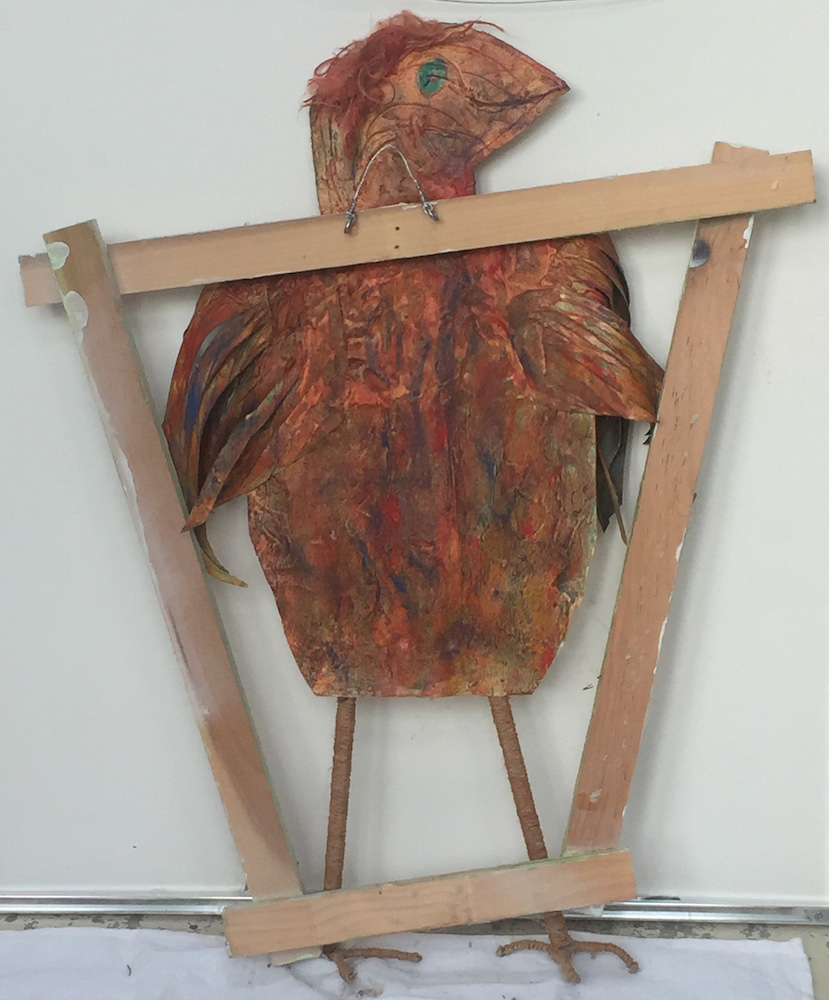Mary Ann Bowman • <em>Red Bird with frame</em> • Wood, canvas, wire • 22″×28″×2½″ • $625.00