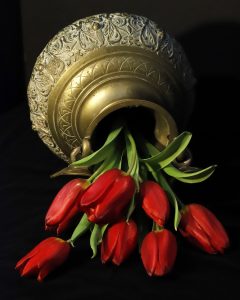 Nancy Ridenour • <em>Bronze Artifact and Tulips</em> • Archival print on canvas • 16″×20″ • $150.00