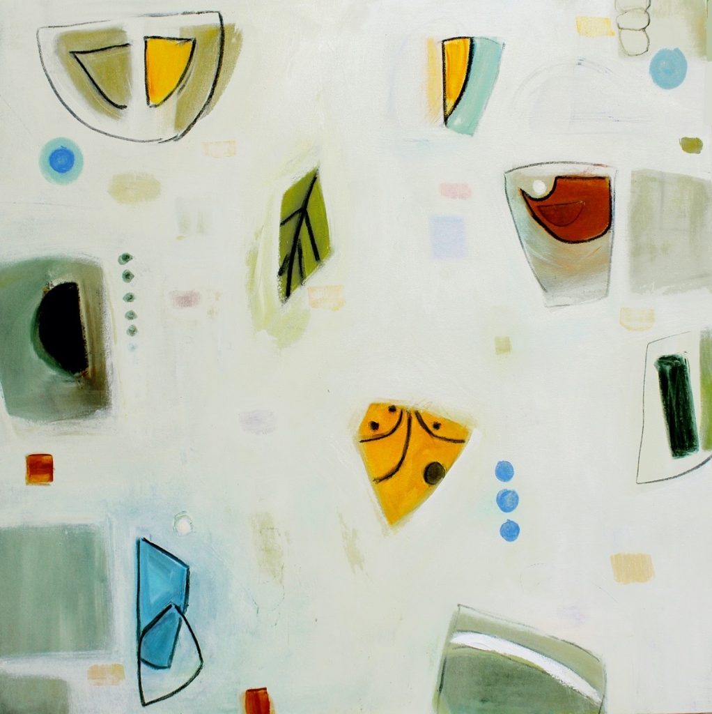 Ethel Vrana • <em>Yellow-orange and Blue-purple</em> • Oil on canvas • 36″×36″ • $1,240.00
