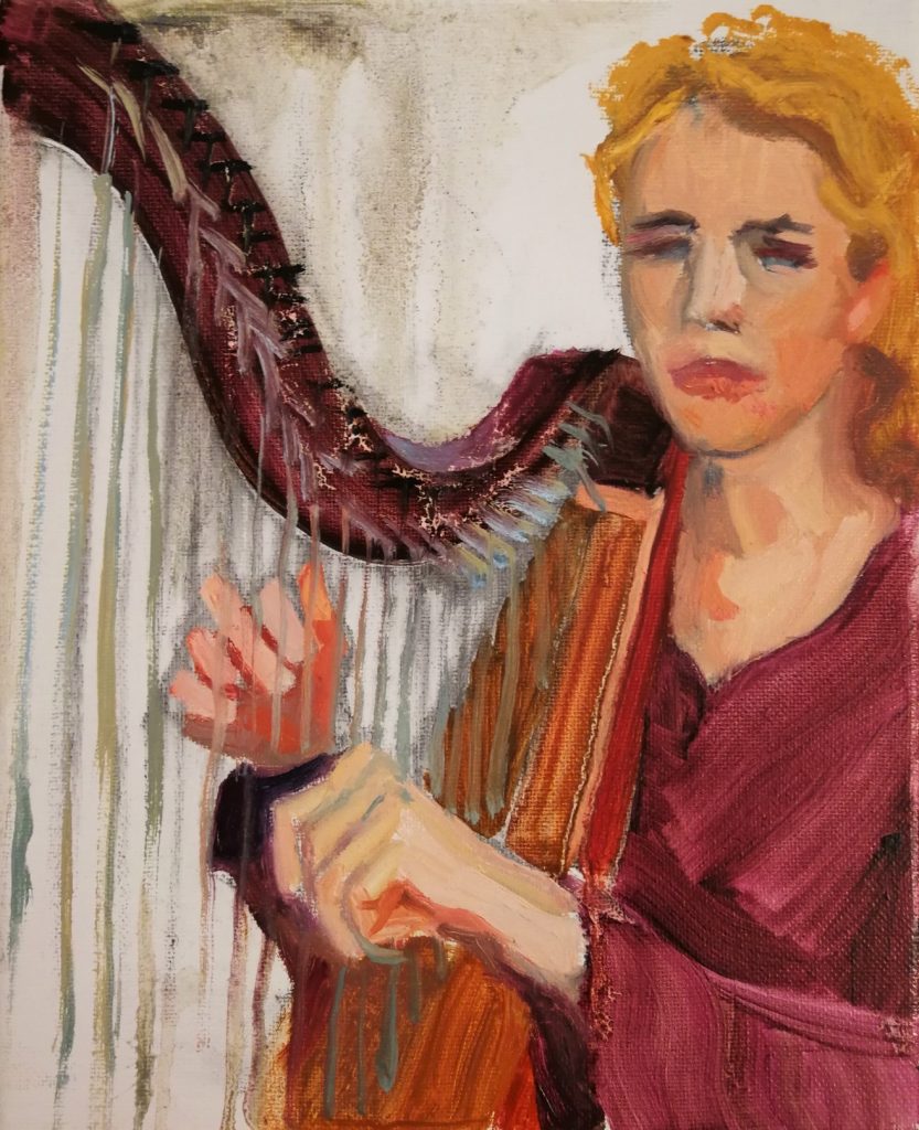 Irina Kassabova • <em>Harp Player I</em> • Oil on canvas • 8″×10″ • $35.00