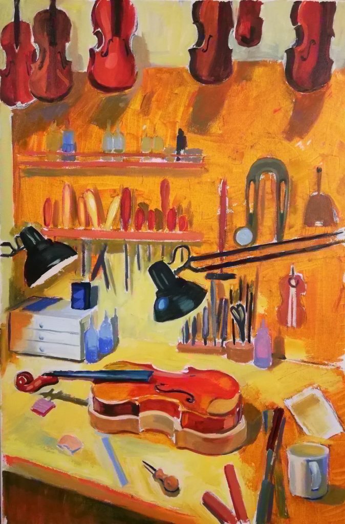 Irina Kassabova • <em>The Luthier's Corner</em> • Oil on canvas • 26″×38″ • $550.00