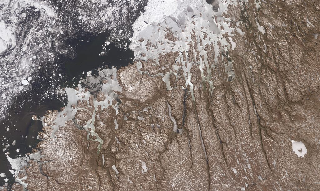Jay Hart • <em>Mistastin and the Fraser Canyons</em> • Inkjet print of Landsat imagery • 37″×22″ • $400.00
