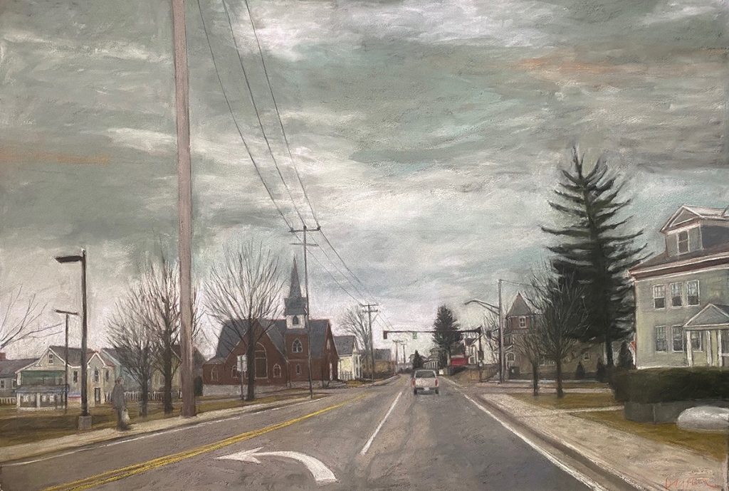 Diane W Newton • <em>Early Hours/Lowell, Massachusetts</em> • Pastel on black arches paper • 44″×30″ • $3,500.00