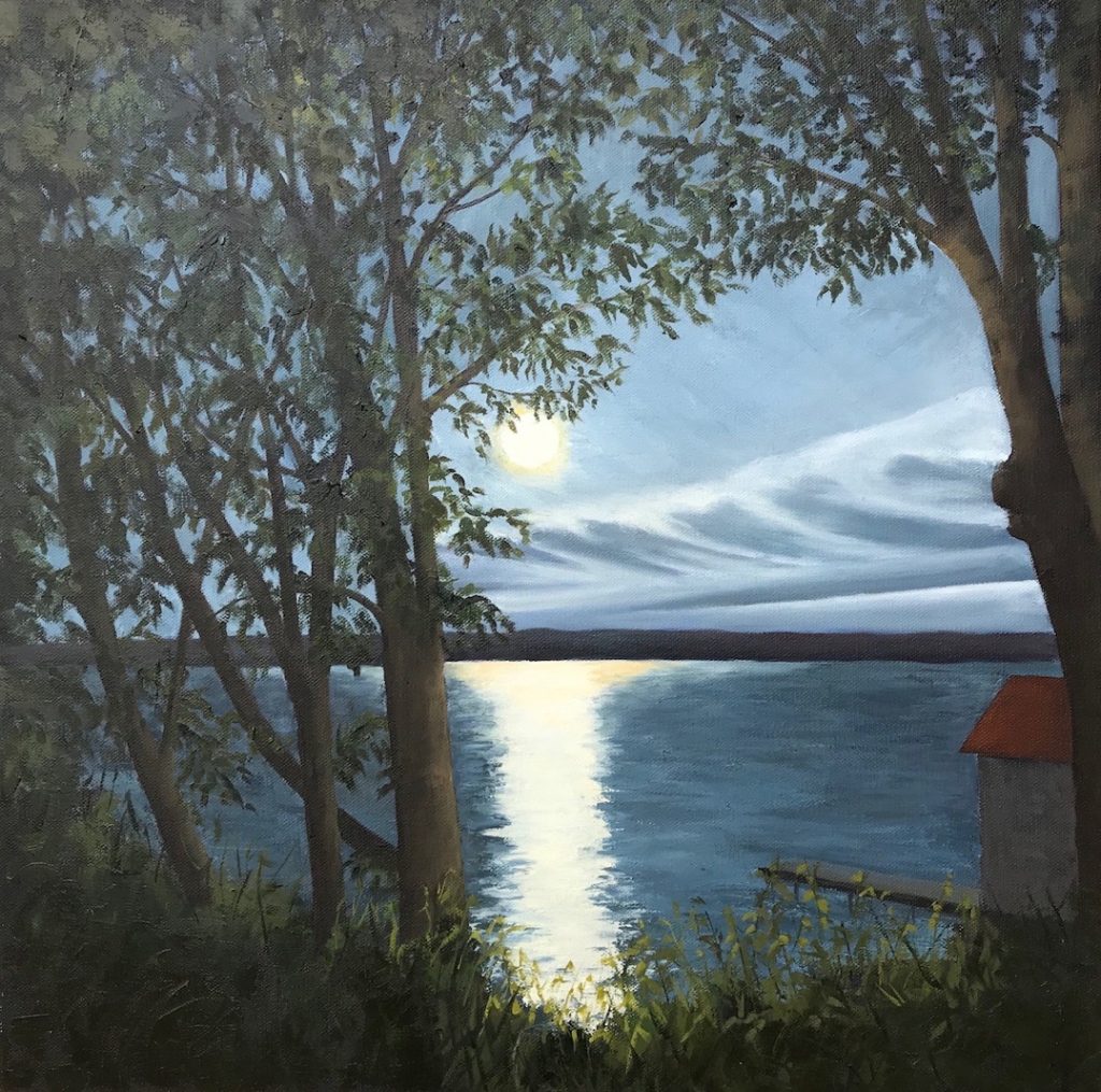 Patty L Porter • <em>Summer Moon ~ Cayuga</em> • Oil on gallery wrapped canvas • 20″×20″ • $800.00