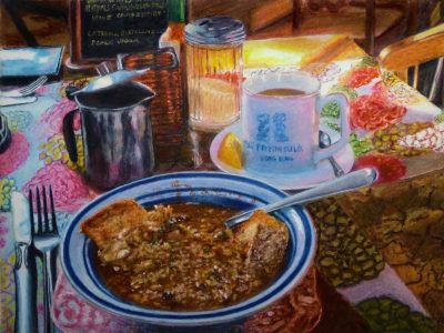 Ed Brothers • <em>Lunch in Progress</em> • Oil pastel • 11½″×8½″ • Prints $65–$95