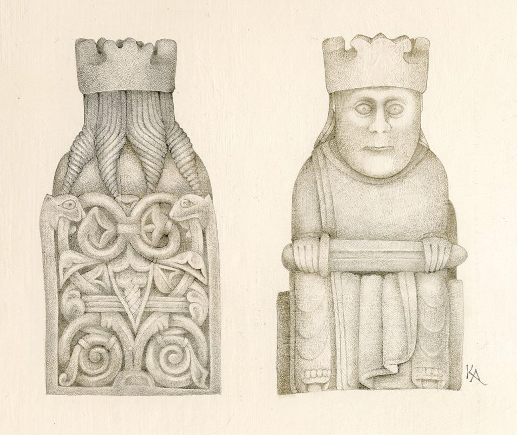 Karen Ackoff • <em>Lewis Chess King</em> • Silverpoint on gouache ground • 14½″×13″ • $1,500.00<a class="purchase" href="https://state-of-the-art-gallery.square.site/product/karen-ackoff-lewis-chess-king/784" target="_blank">Buy</a>
