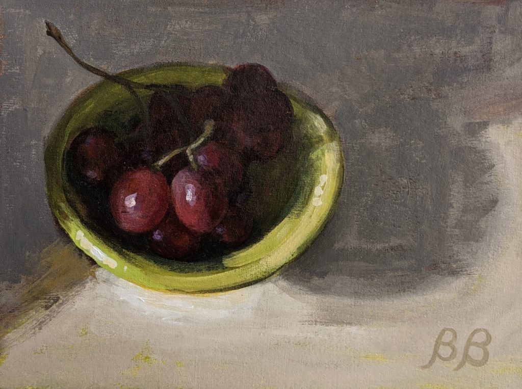 Brenda Bluestone • <em>Moody Grapes with Green Dish</em> • Acrylic on Arches paper • 6″×8″ • $220.00