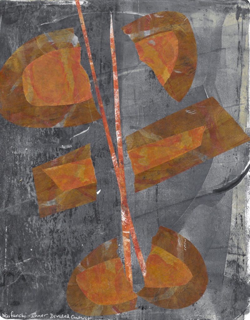 Gail Brisson • <em>Inner Divided Conflict</em> • Hand printed paper, acrylic, ink • 7½″×9″×½″ • $75.00<a class="purchase" href="https://state-of-the-art-gallery.square.site/product/gail-brisson-inner-divided-conflict/780" target="_blank">Buy</a>