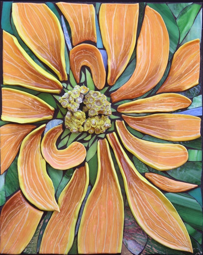 Marjorie Hoffman • <em>Chrysanthemum</em> • Hand made ceramic tile, stained glass, stone, fossilized coral • 22″×18″ • $1,500.00