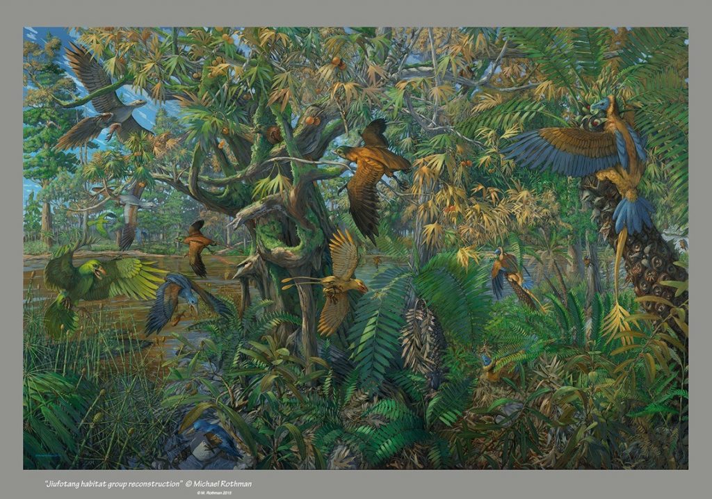 Michael Rothman • <em>Jiufotang habitat group reconstruction mural</em> • Acrylics on polyester archival canvas • 72″×48″ • $6,000.00