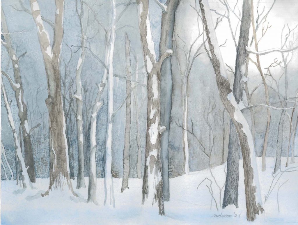 Marie Sanderson • <em>Forest in January</em> • Watercolor on paper • 20″×17″ • $300.00<a class="purchase" href="https://state-of-the-art-gallery.square.site/product/marie-sanderson-forest-in-january/783" target="_blank">Buy</a>