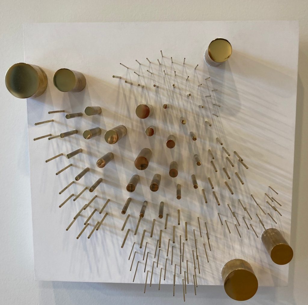 Gregg Silvis • <em>Pattern I</em> • Brass rods, acrylic on wood panel • 16″×16″×5″ • $1,500.00<a class="purchase" href="https://state-of-the-art-gallery.square.site/product/gregg-silvis-pattern-i/765" target="_blank">Buy</a>
