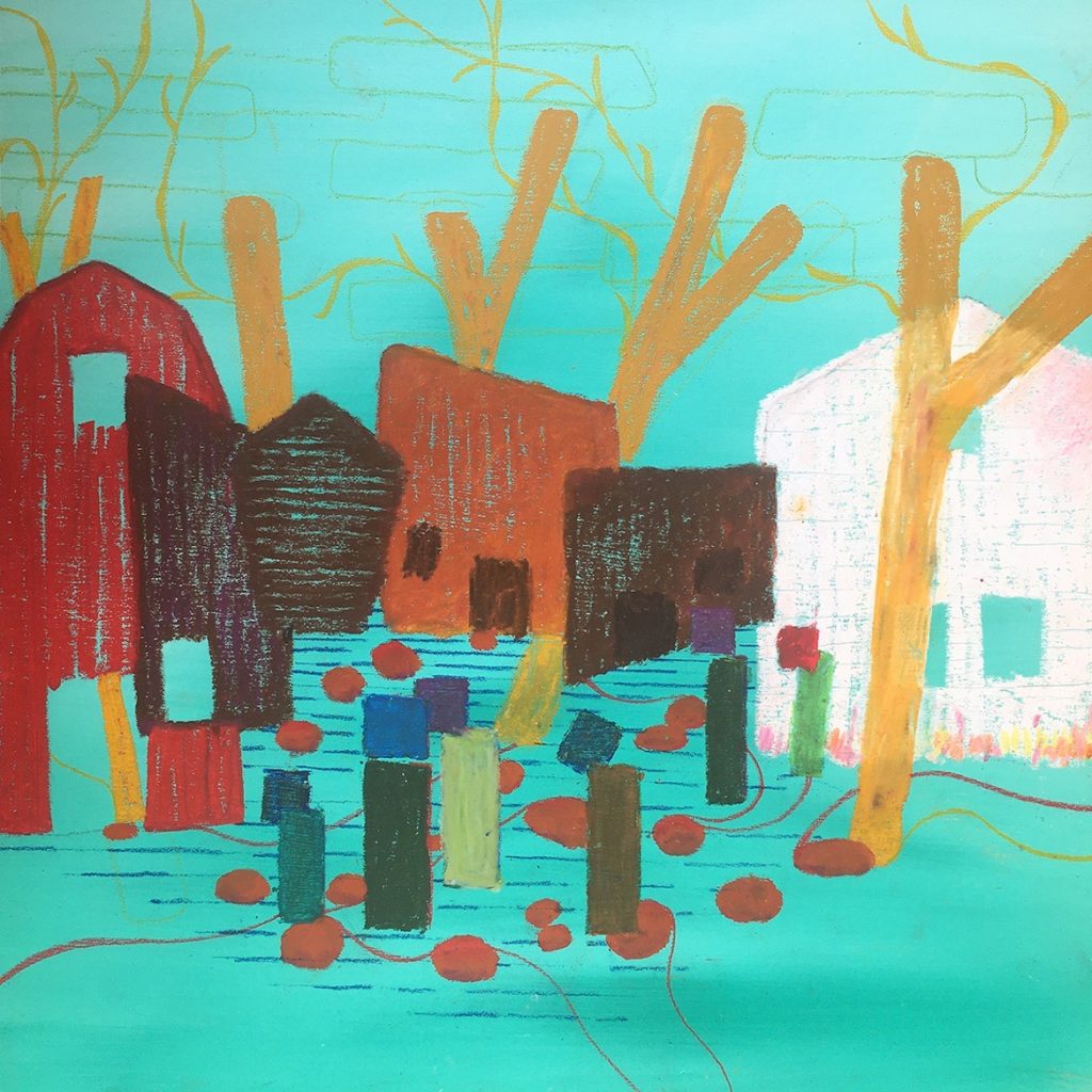 Don Ellis • <em>Milking Mondrian's Cow</em> • Acrylic and oil pastel on birch art board • 16″×16″ • $385.00