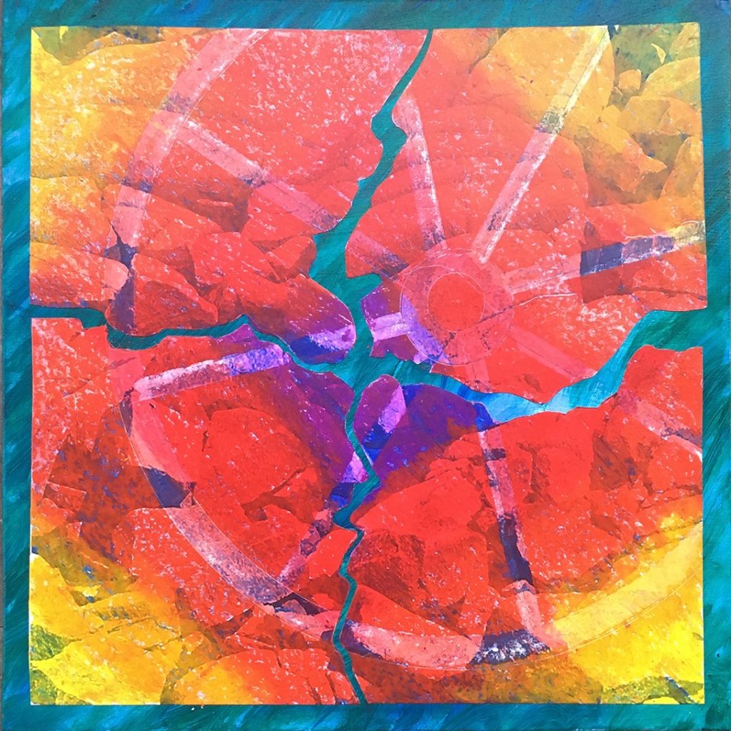 Don Ellis • <em>River Wheel</em> • Acrylic and oil pastel on birch art board • 16″×16″ • $585.00