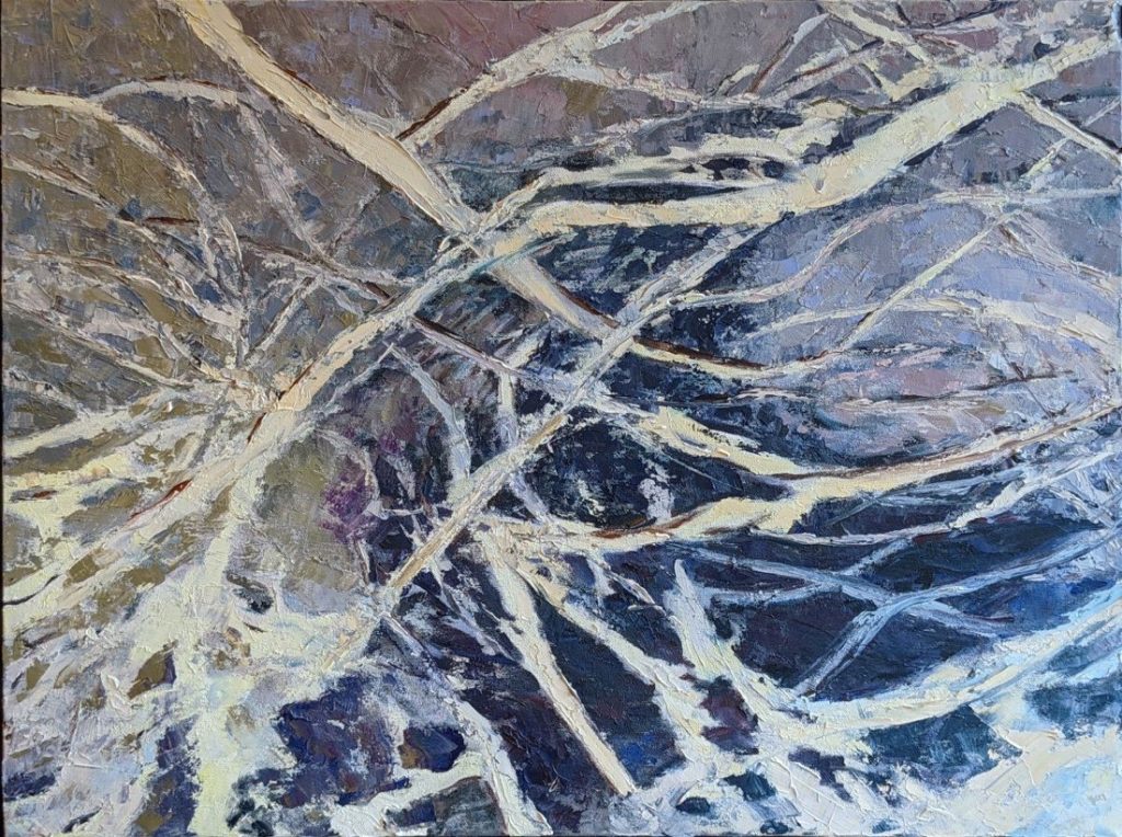 Diana Ozolins • <em>Snow on Forsythia</em> • Oil on canvas • 24″×18″ • $700.00<a class="purchase" href="https://state-of-the-art-gallery.square.site/product/diana-ozolins-snow-on-forsythia/837" target="_blank">Buy</a>