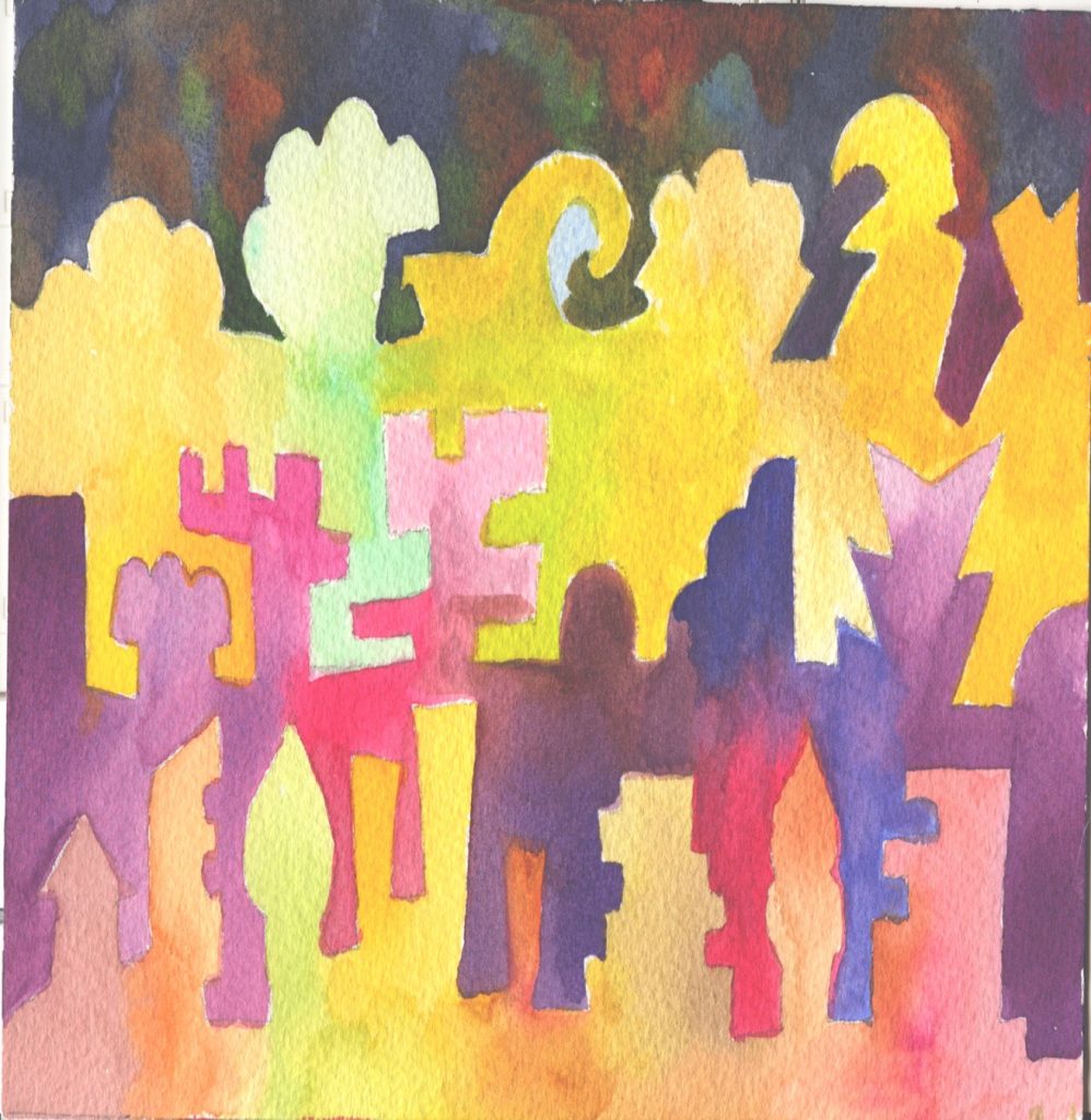 Margaret Nelson • <em>Animaltown: Skyline</em> • Giclée of watercolor painting • 6″×6″ • $150.00