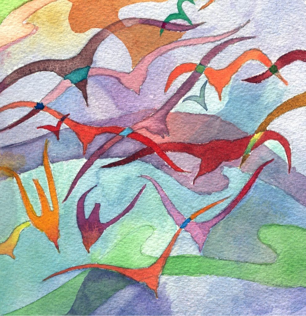 Margaret Nelson • <em>Animaltown: Bird Flight</em> • Giclée of watercolor painting • 6″×6″ • $150.00