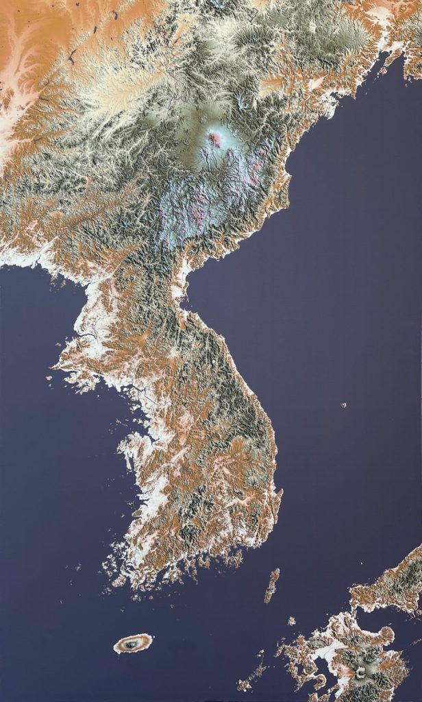 Jay Hart • <em>Korea Peninsula</em> • Colored elevation on gatorfoam • 43″×73″ • $350.00