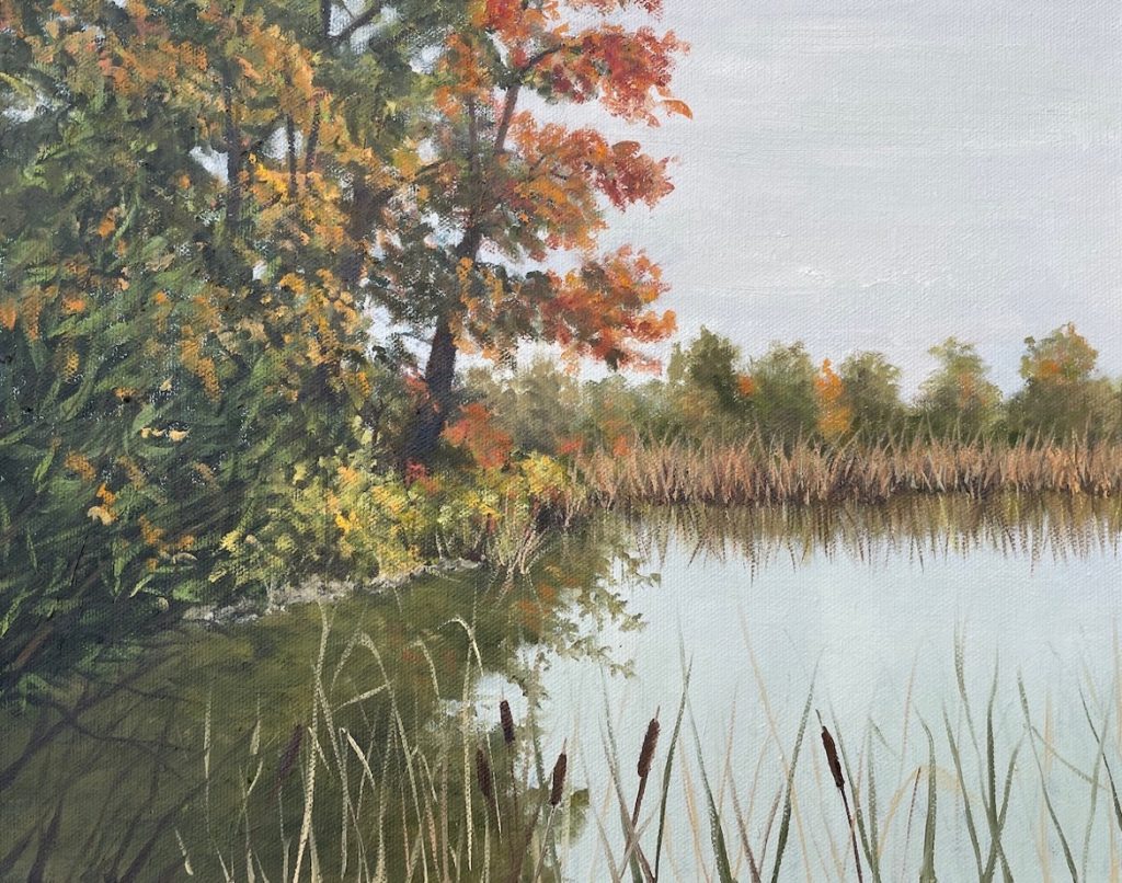 Patty L Porter • <em>Marvin’s Pond II ~ Cloudy Day - 2021</em> • Oil on gallery wrapped canvas • 14″×11″ • $300.00