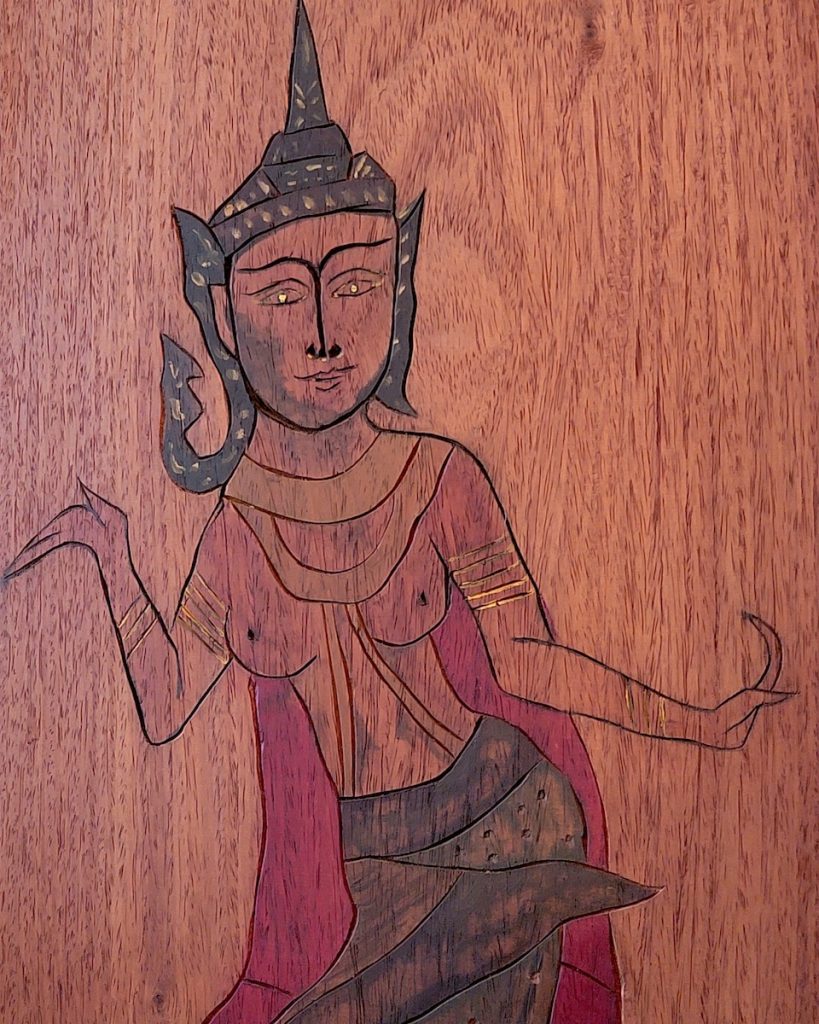 Nancy V Ridenour • <em>Woodcut of Thai Dancer</em> • Digital image on canvas • 16″×20″ • $150.00
