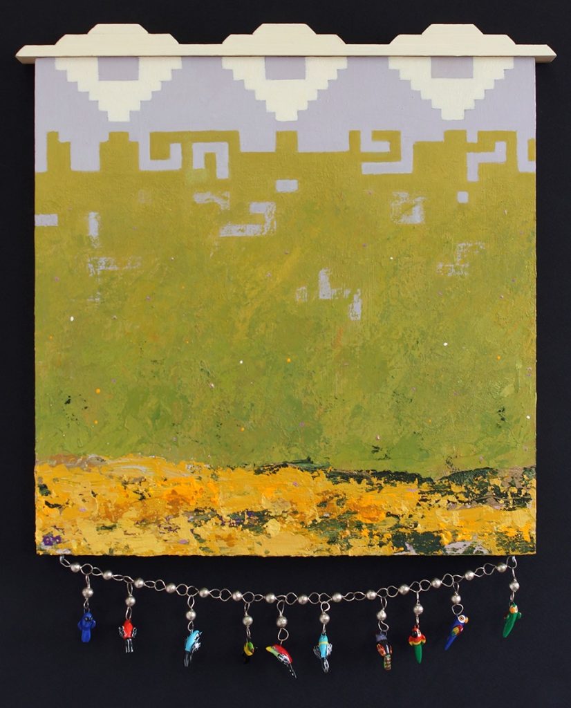 Barbara Page • <em>Crooked Tree: 7am</em> • Acrylic on board with beads • 12″×15″ • $400.00