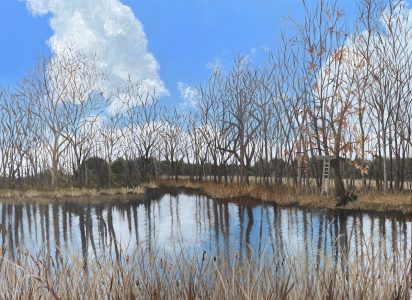 Patty L Porter • <em>Marvin’s Pond III  ~ Between the Seasons - 2022</em> • Oil on gallery wrapped canvas • 36″×18″ • $800.00