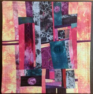 Barbara Behrmann • <em>World on Fire</em> • Original dyed fabric mounted on painted stretched canvas • 20″×20″ • $500.00