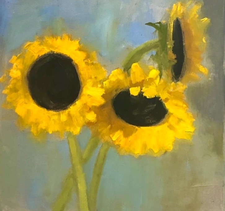 Ileen Kaplan • <em>Sunflower Trio</em> • Oil on canvas  • 12″×12″ • $485.00<a class="purchase" href="https://state-of-the-art-gallery.square.site/product/ileen-kaplan-sunflower-trio/1066" target="_blank">Buy</a>
