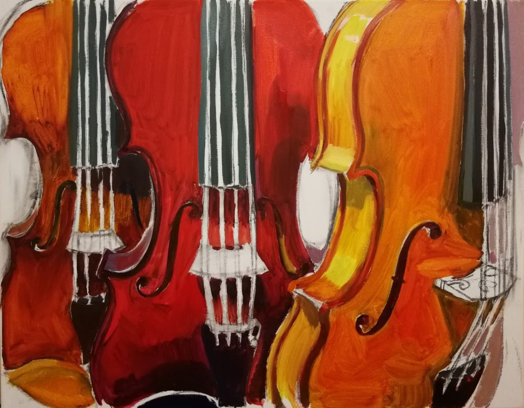Irina Kassabova • <em>The Red Violin</em> • Oil on canvas • 22″×28″ • $450.00<a class="purchase" href="https://state-of-the-art-gallery.square.site/product/irina-kassabova-the-red-violin/1076" target="_blank">Buy</a>