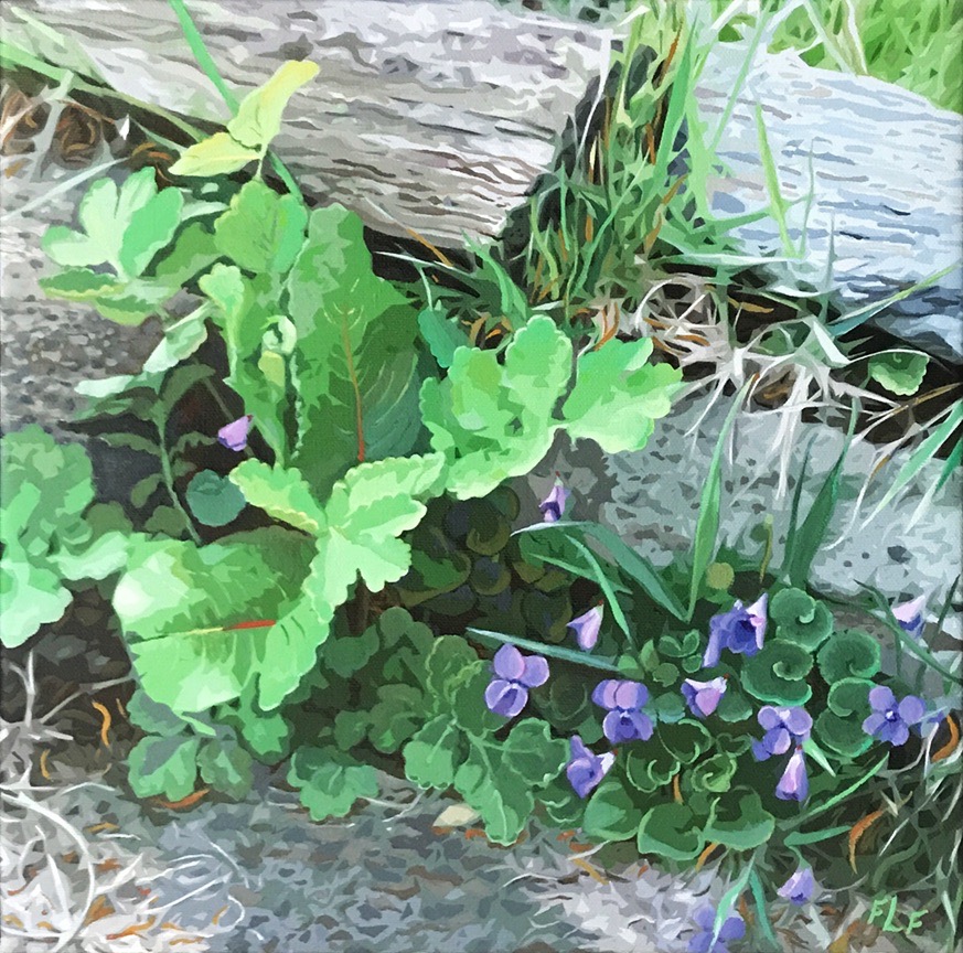 Frances Fawcett • <em>First Violets</em> • Acrylic paint & ultrachrome ink on canvas • 13½″×13½″ • $395.00<a class="purchase" href="https://state-of-the-art-gallery.square.site/product/frances-fawcett-first-violets/1103" target="_blank">Buy</a>