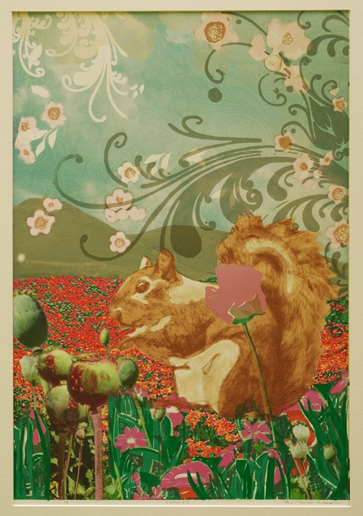 Patricia Hunsinger • <em>Poppy Squirrel</em> • Silkscreen, archival Inkjet mountains and sky • 24¼″×33″ • $500.00<a class="purchase" href="https://state-of-the-art-gallery.square.site/product/patricia-hunsinger-poppy-squirrel/1108" target="_blank">Buy</a>