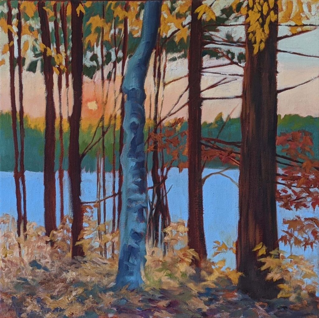 Diana Ozolins • <em>Jennings Pond 5:00 pm, Viewed from the Trail</em> • Oil on canvas • 18″×18″ • $700.00