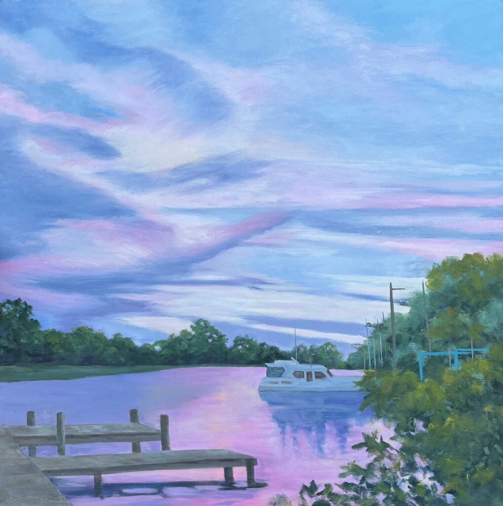 Patty L Porter • <em>Inlet Sunset</em> • Oil on gallery wrapped canvas • 20″×20″×1½″ • $750.00<a class="purchase" href="https://state-of-the-art-gallery.square.site/product/patty-l-porter-inlet-sunset/1122" target="_blank">Buy</a>
