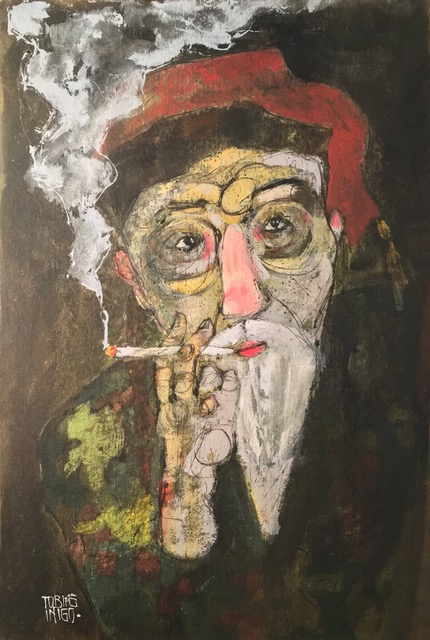 Old Guy in a Fez and Smoking Jacket Smokingwalnut ink and acrylic on composite panel