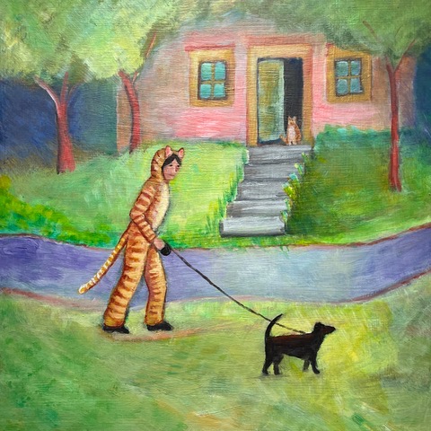 Jane Dennis • <em>Walking The Dog In Her Kitty Suit</em> • Acrylic • 12″×12″ • $175.00<a class="purchase" href="https://state-of-the-art-gallery.square.site/product/jane-dennis-walking-the-dog-in-her-kitty-suit/1351" target="_blank">Buy</a>