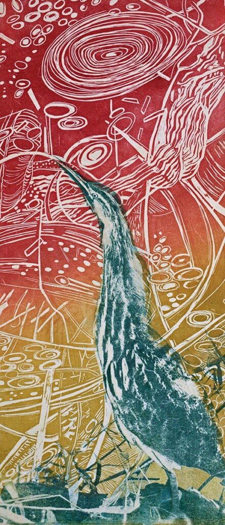 Patricia Hunsinger • <em>Eastern Bittern</em> • Woodcut, paper lithography, colored pencil on unryu paper • 17″×32″ • $250.00<a class="purchase" href="https://state-of-the-art-gallery.square.site/product/patricia-hunsinger-eastern-bittern/1374" target="_blank">Buy</a>
