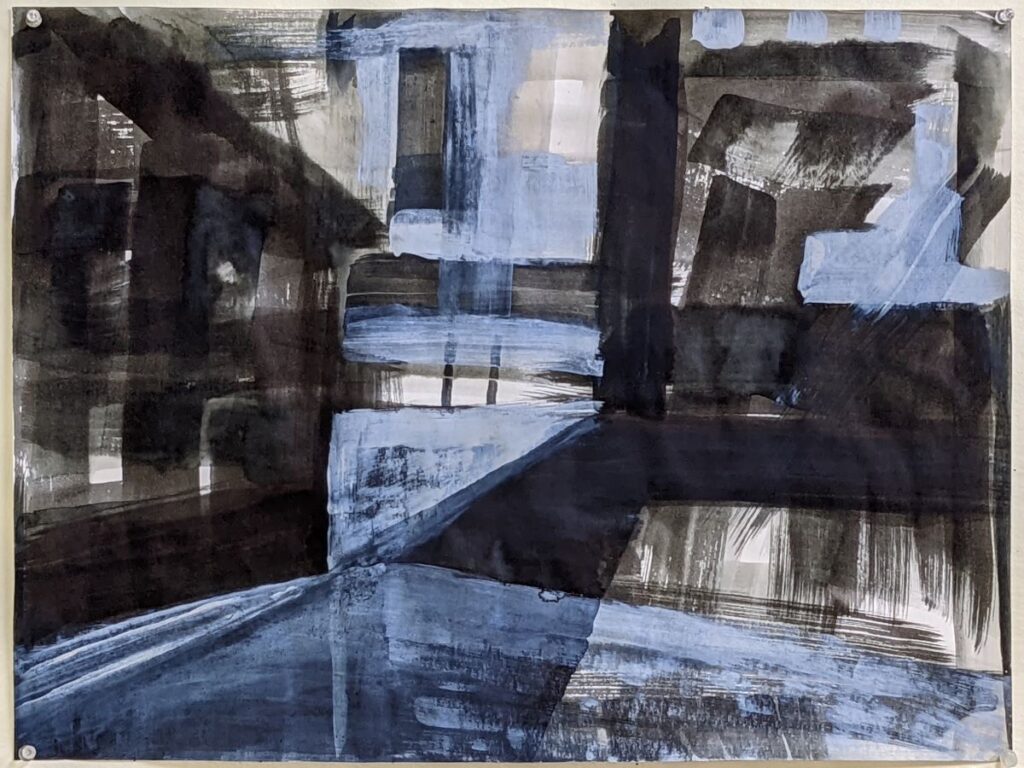Diana Ozolins  • <em>Black, White, and Blue</em> • Water soluble ink and gesso on paper • 24″×18″ • $250.00<a class="purchase" href="https://state-of-the-art-gallery.square.site/product/diana-ozolins-black-white-and-blue/1343" target="_blank">Buy</a>