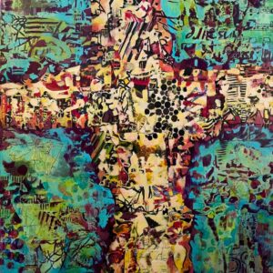 Patricia Brown • <em>Crossroads 6</em> • Acrylic, paper collage on wood panel • 18″×18″ • $750.00