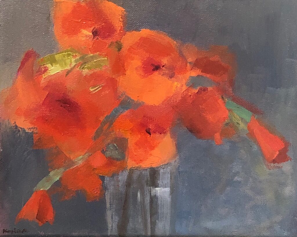 Ileen Kapan • <em>Orange Gladiolas</em> • Oil on panel • 11″×9″ • $425.00