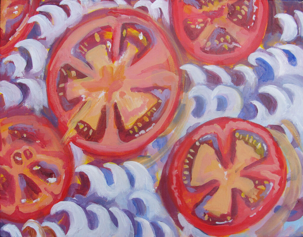 Katrina Morse • <em>Tomato Storm</em> • Acrylic on canvas • 14″×11″ • $200.00
