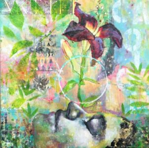 Carol Spence • <em>Garden Dream</em> • Mixed media painting  • 10″×10″ • $275.00