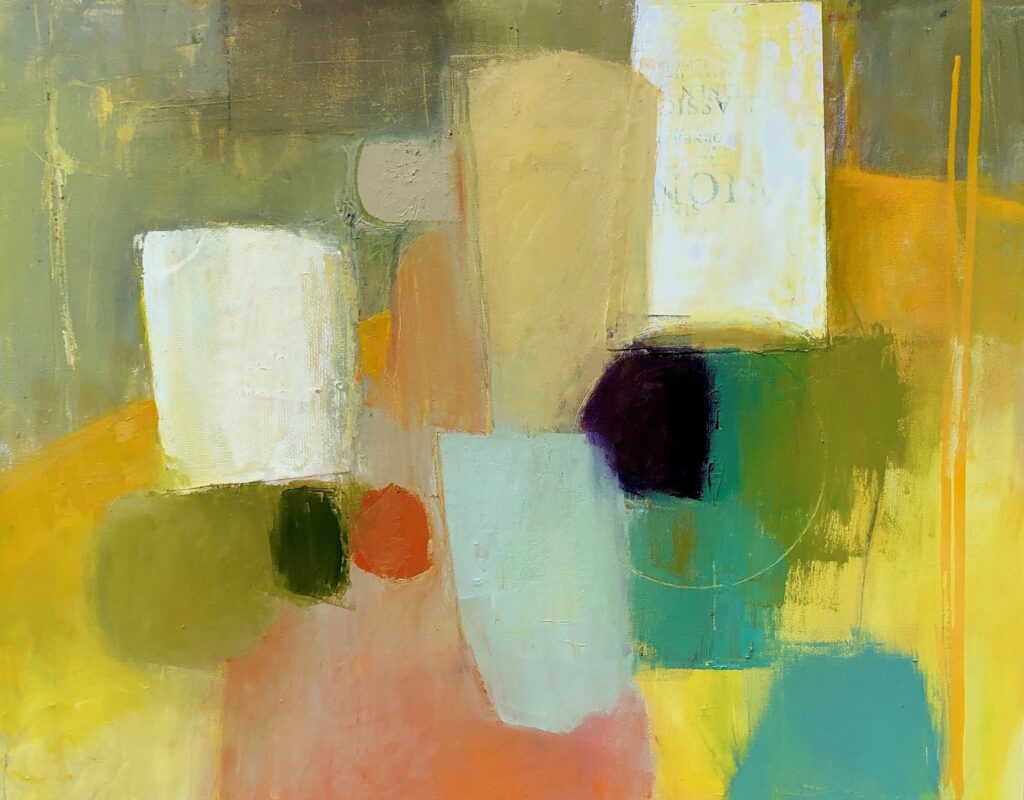 Ileen Kaplan • <em>The Yellow Table</em> • Oil over acrylic and collage • 30″×24″ • $1,100.00