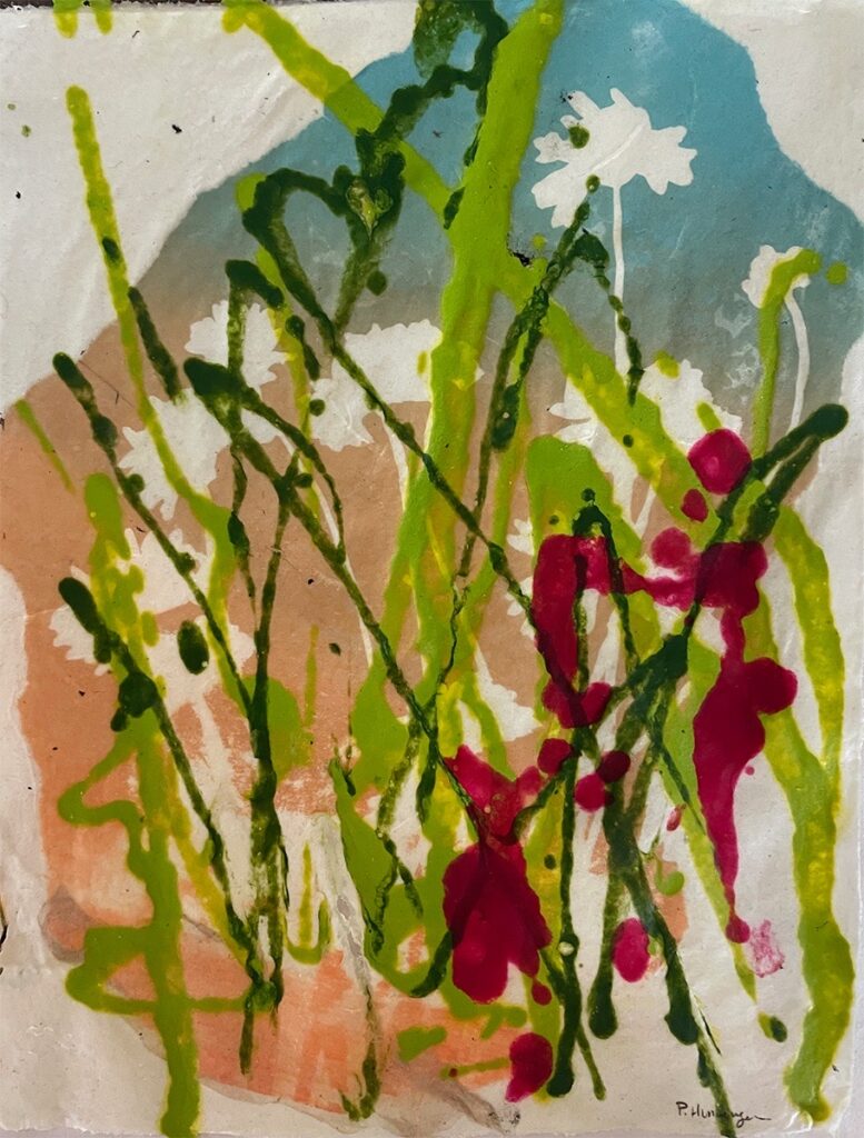 Patricia Hunsinger • <em>Daises by the River </em> • Handmade paper, silkscreen, pulp paint, encaustic • 11″×14″ • $50.00