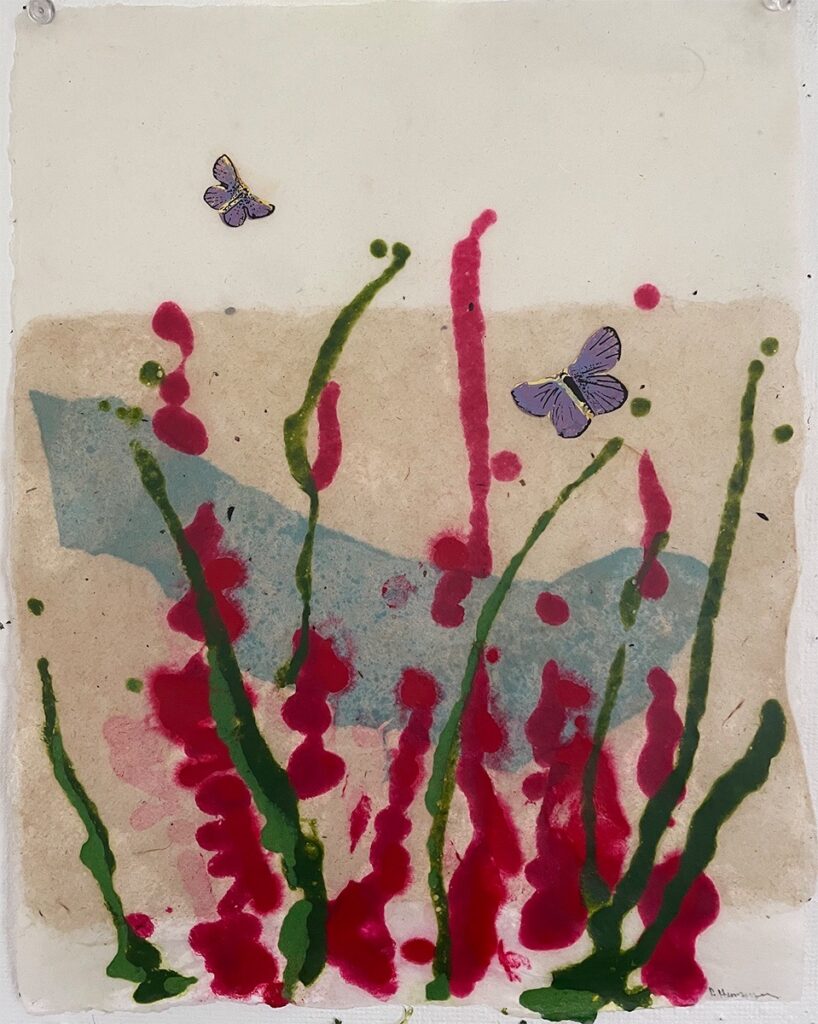 Patricia Hunsinger • <em>Invasive Purple Loosestrife III. </em> • Handmade paper, silkscreen, pulp paint, encaustic • 11″×14″ • $50.00