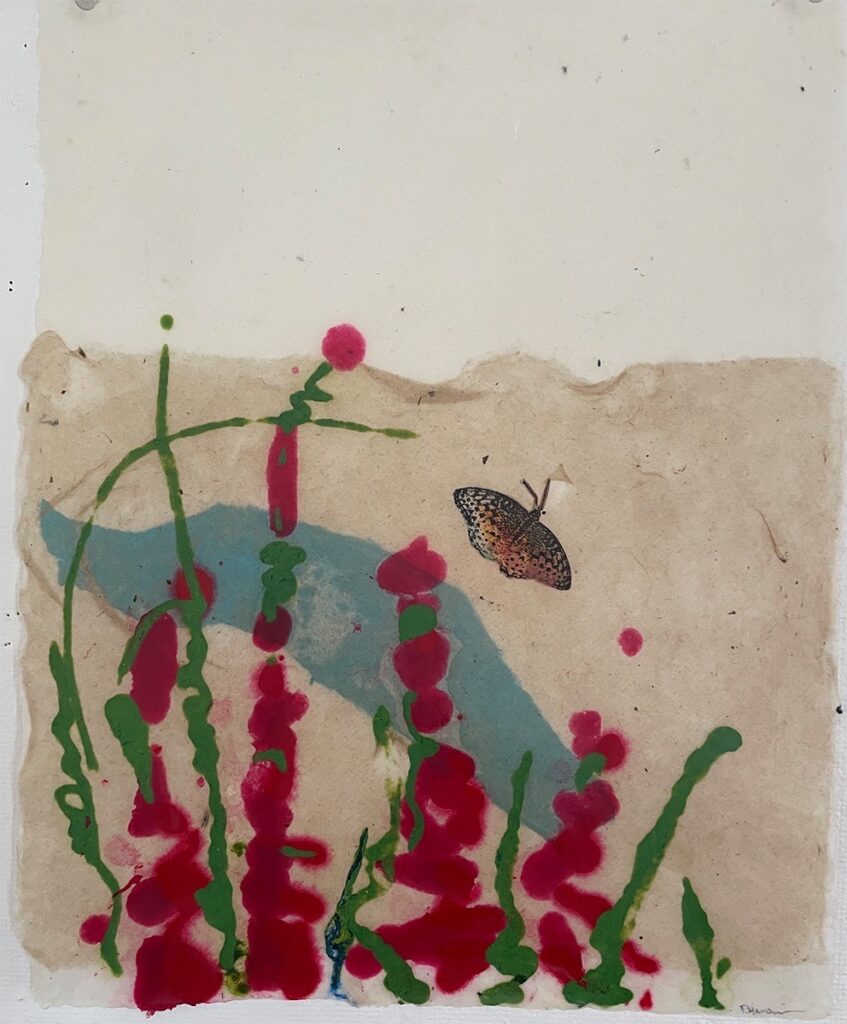 Patricia Hunsinger • <em>Invasive Purple Loosestrife IV.</em> • Handmade paper, silkscreen, pulp paint, encaustic • 11″×14″ • $50.00