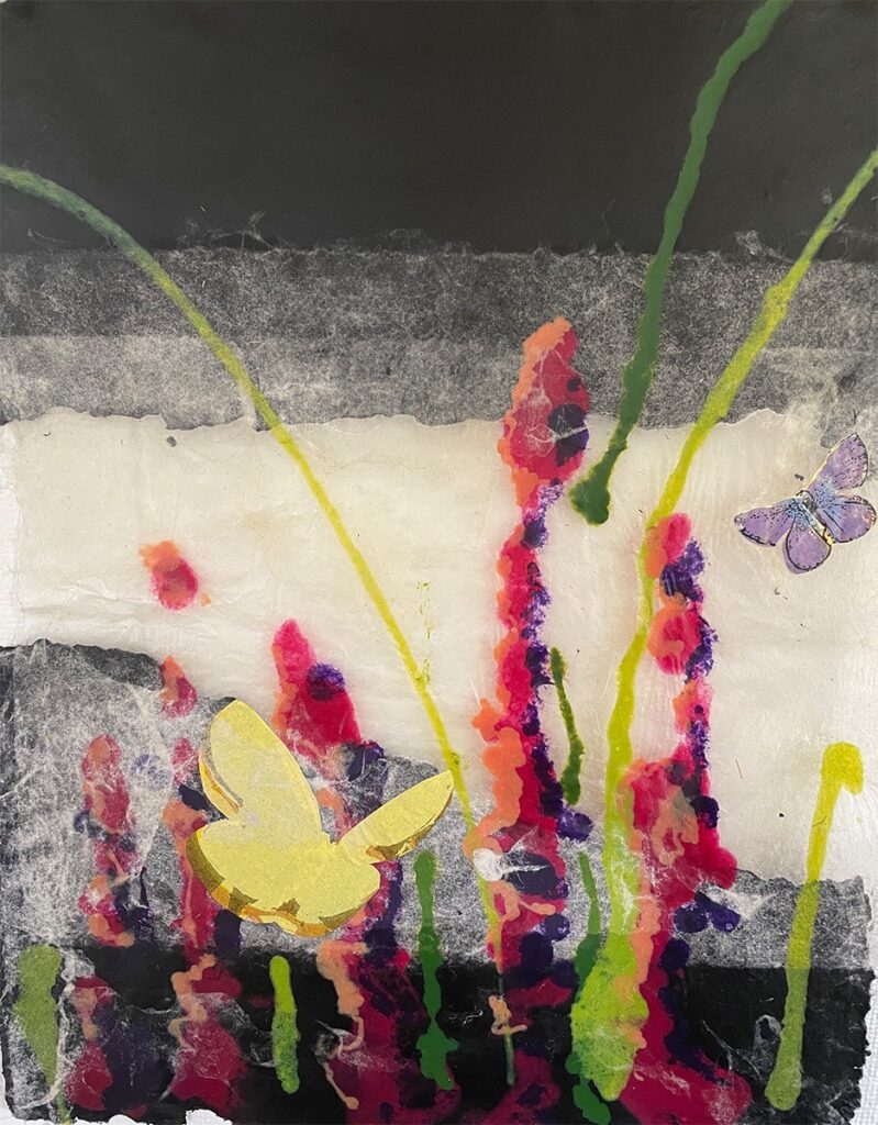 Patricia Hunsinger • <em>Invasive Purple Loosestrife V. </em> • Handmade paper, silkscreen, pulp paint, encaustic • 11″×14″ • $50.00