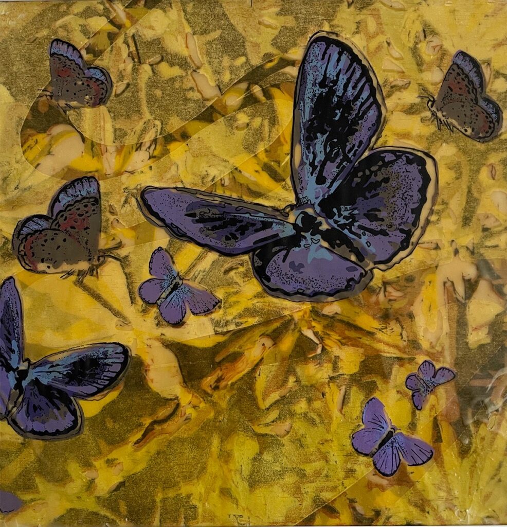 Patricia Hunsinger • <em>Karner Blue</em> • Woodcut, silkscreen, encaustic • 17″×17″ • $150.00